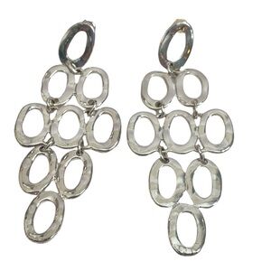 Silver Tone Drop Modernist Chandelier Open Oval Cascade Pierced Earrings
